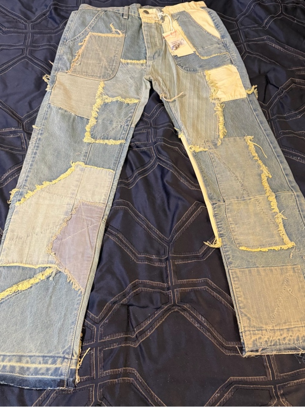 MNML Baggy Patchwork Distressed Light Blue and Cream Jeans